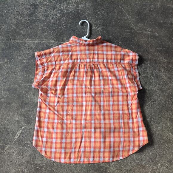 Eddie Bauer Gingham Summer Top Women M Orange Button Up Cap Sleeve Blouse - Picture 4 of 9